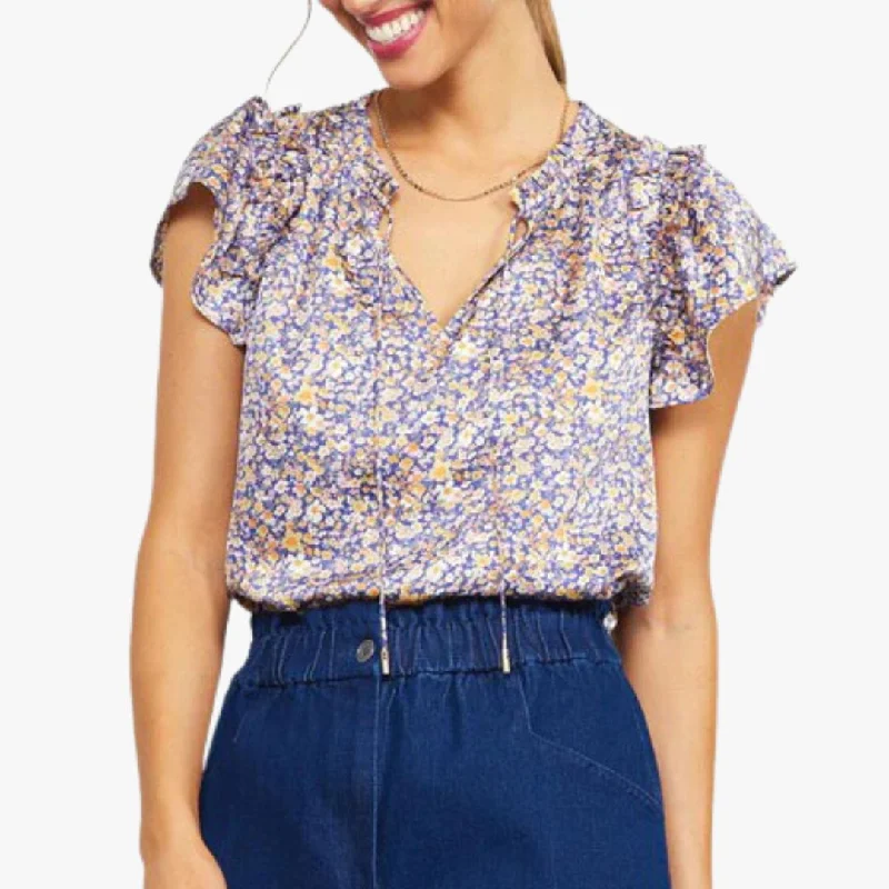 women's tops for minimalist aestheticsShort Sleeve Satin Printed Split Neck Top (Indigo)