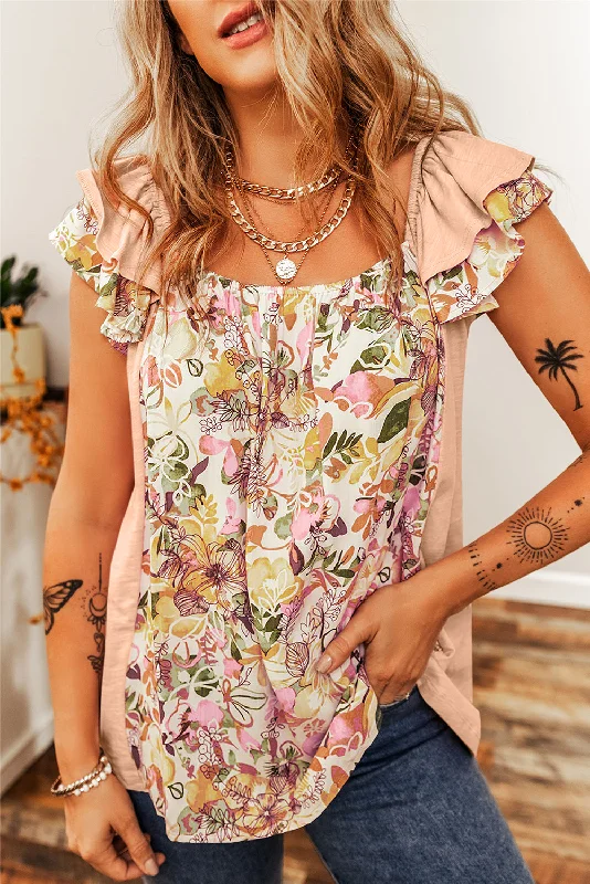 long-sleeved women's topsApricot Pink Floral Patchwork Square Neck Ruffle Sleeve Blouse