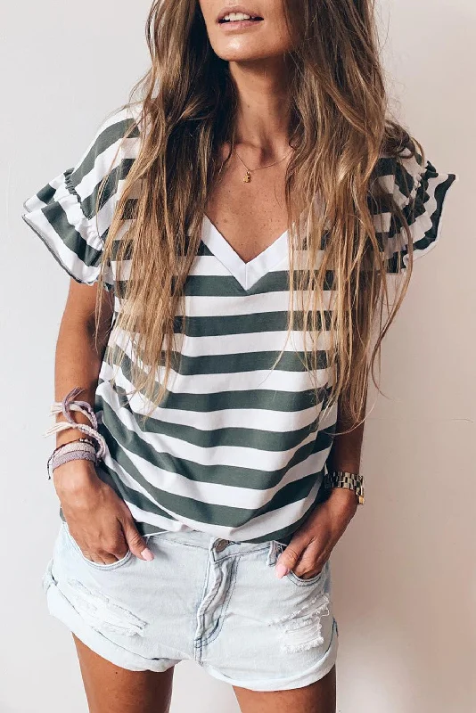 women's tops for smart casual looksStriped V Neck Ruffle Sleeve Top