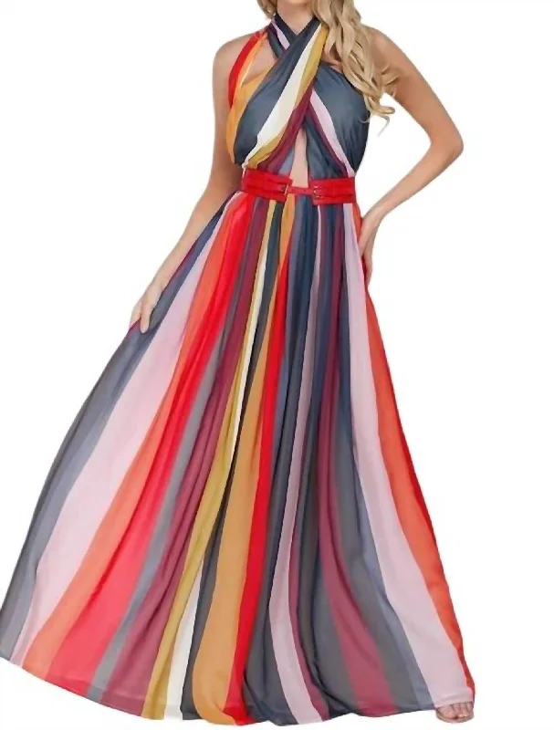 women's maternity dressesStripe Halter Maxi Dress In Multicolored