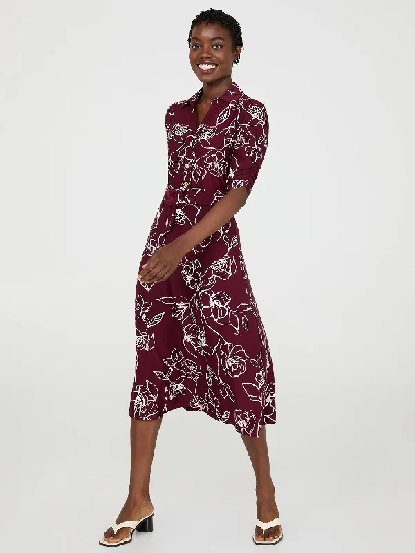 women's velvet dressesFloral Print Button-Front Midi Dress With Pockets