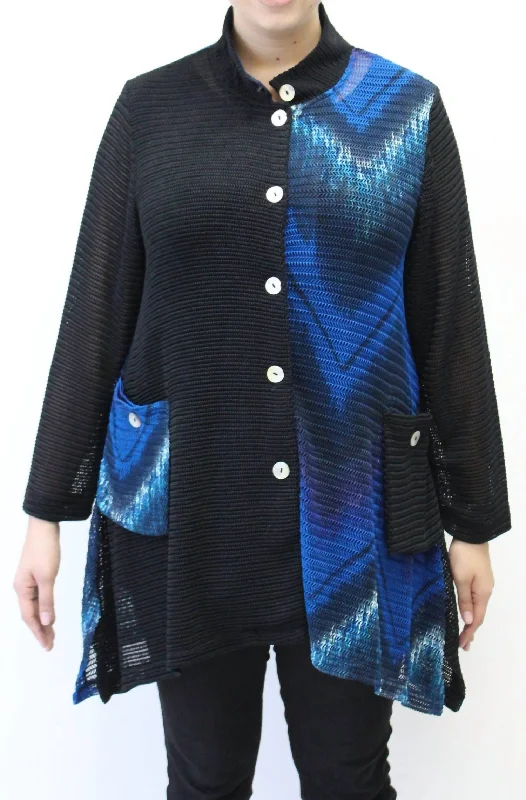 women's coats for rainy weatherMandarin Loose Weave Knit Jacket - Plus In Blue & Black