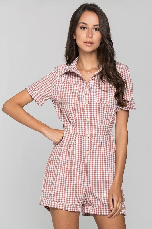 Mauve Gingham Button Up Playsuit