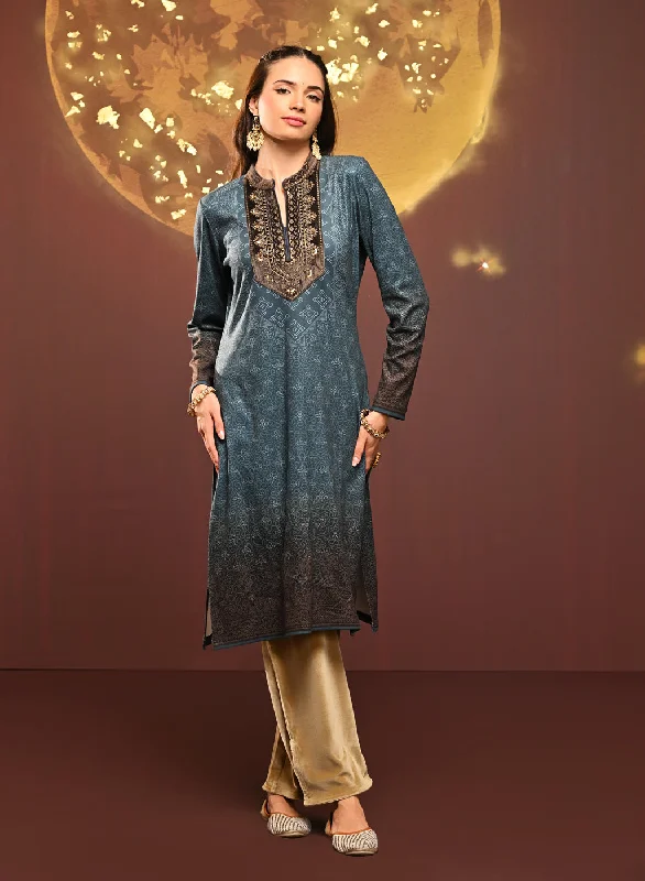 Saira Teal Blue Printed Brushed Fleece Long Kurta for Women