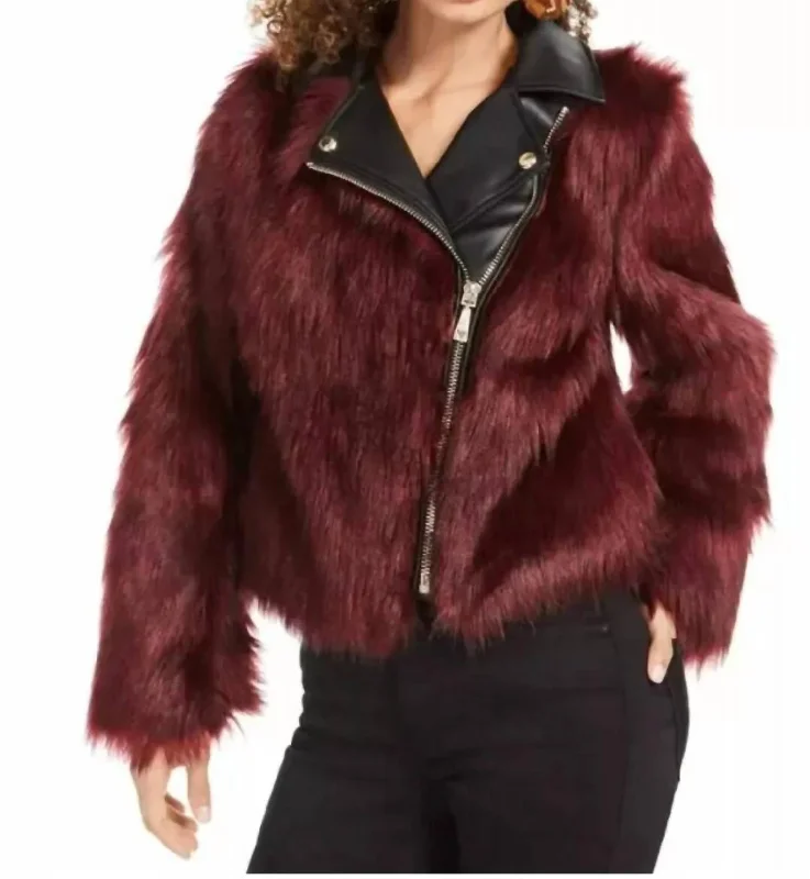 casual women's coatsLong Sleeve Savage Faux Fur Moto Jacket In Love Bite Berry Multi