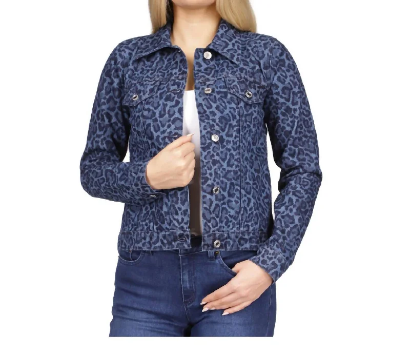 women's coats for special occasions and everyday eleganceButton Up Spread Collar Animal Print Denim Jacket In Dusk Blue Wash