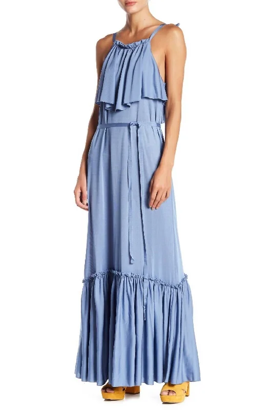 women's club dressesRuffle Popover Maxi Dress In Blue