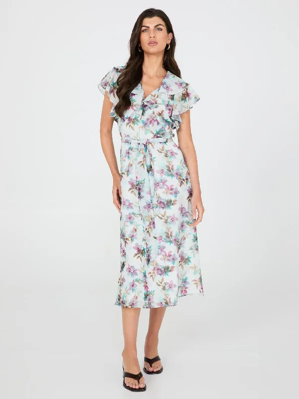 women's floral dressesFloral Print Chiffon Midi Dress With Ruffle Details