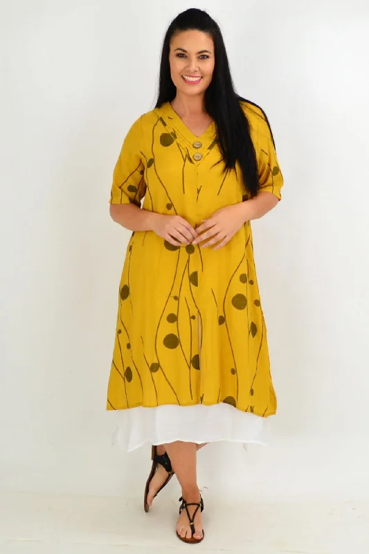 women's coats in bold colorsMustard Line Dot Overlay Tunic Dress