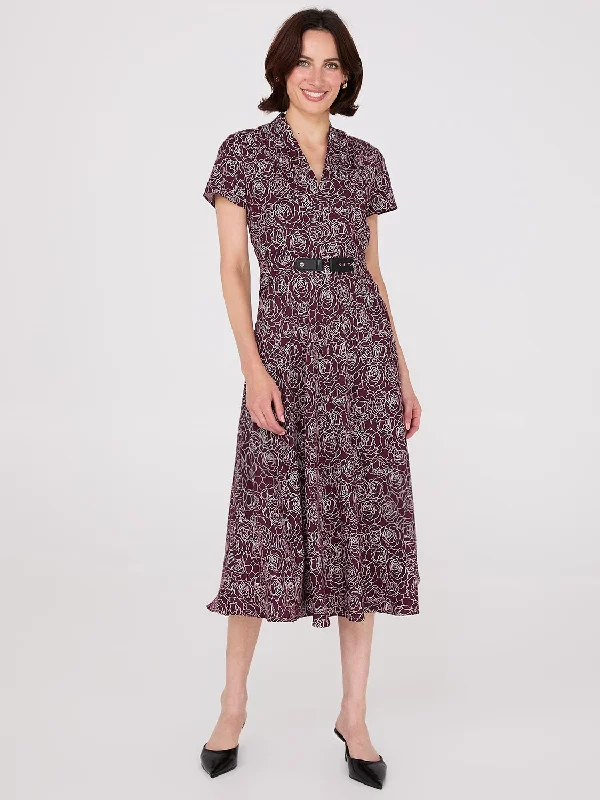 women's formal dressesFloral Print Shawl Collar Belted Midi Dress