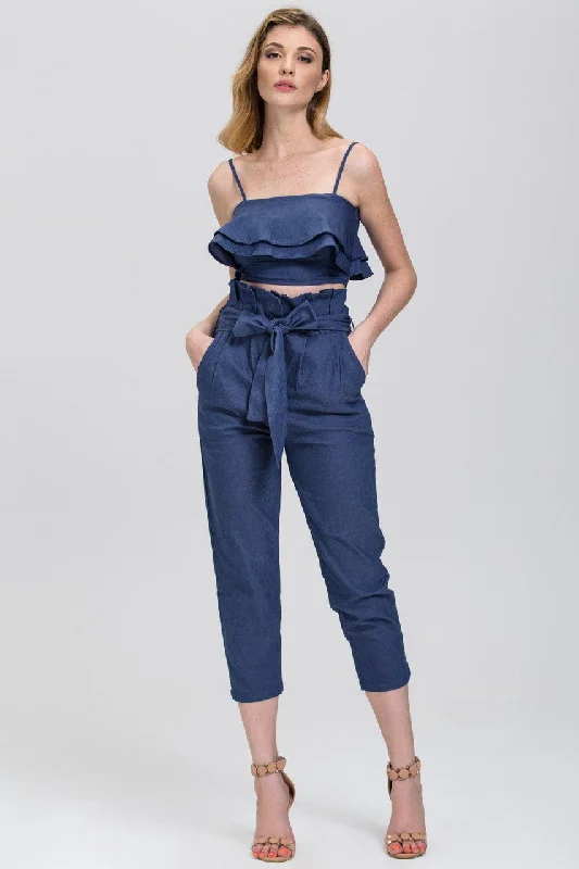 Maram Zbaeda - Denim Blue High Waist and Ruffled Bandeau 2 piece Co-ord