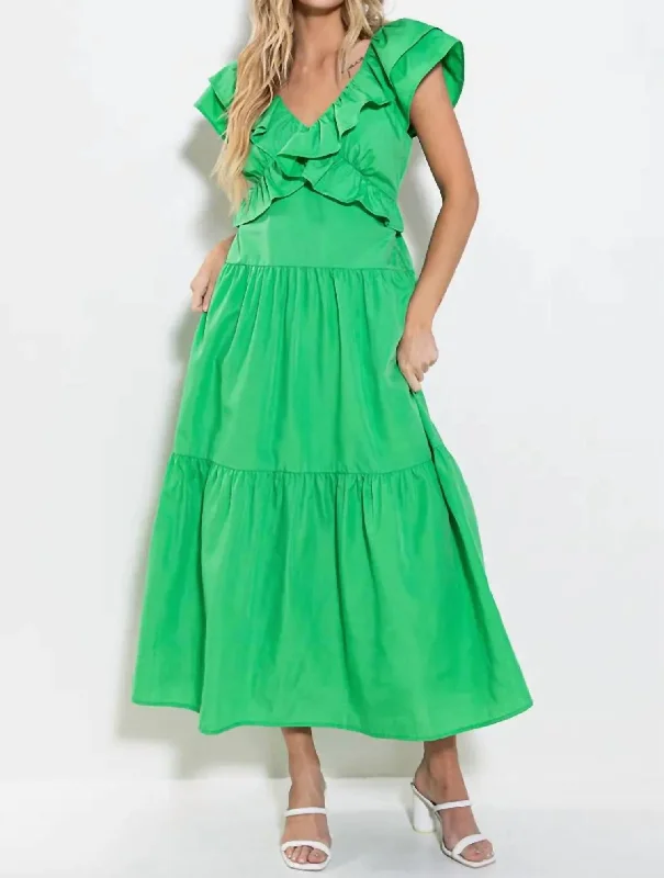 women's vacation dressesRuffled Tiered With Back Tie Maxi Dress In Green