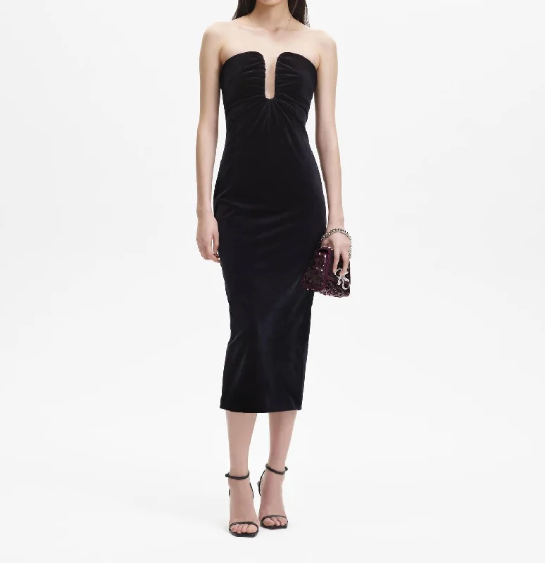 women's sustainable dressesVelvet Strapless Midi Dress In Black