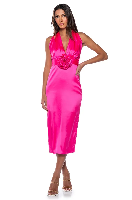 women's apple-shaped body dressesSERENDIPITY SATIN HALTER NECK MIDI DRESS