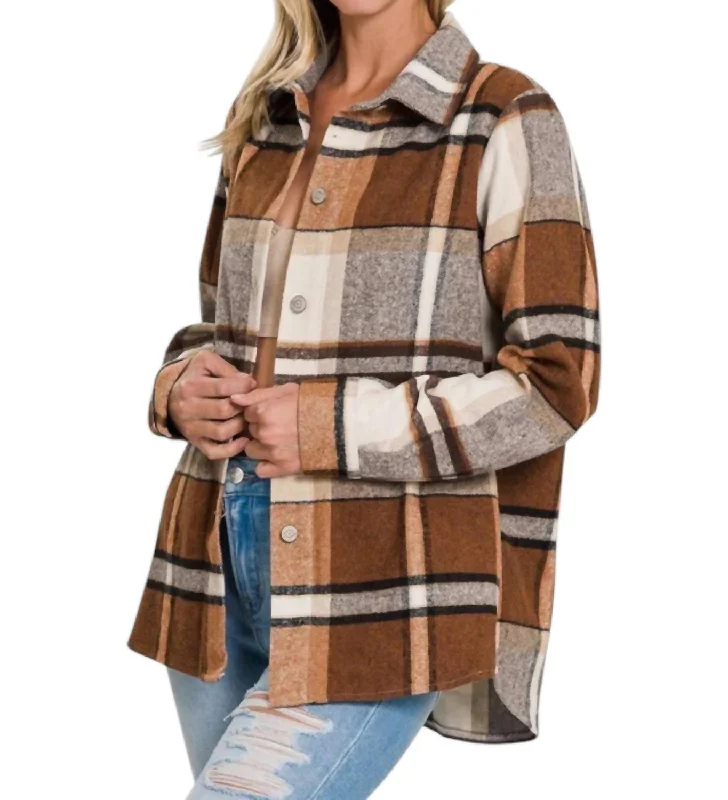 women's coats made in ethical factoriesYarn Dyed Plaid Shacket In Brown