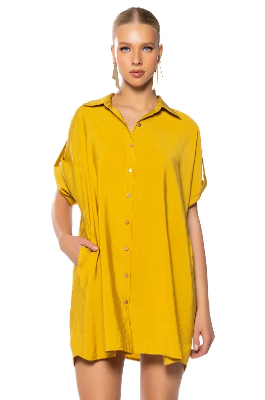 women's beach dressesSOLANA BUTTON DOWN MINI SHIRT DRESS IN MUSTARD