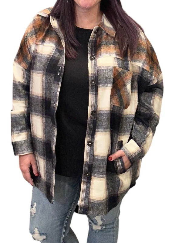 women's coats for relaxed weekendsColorblock Plaid Longline Shacket In Navy/rust