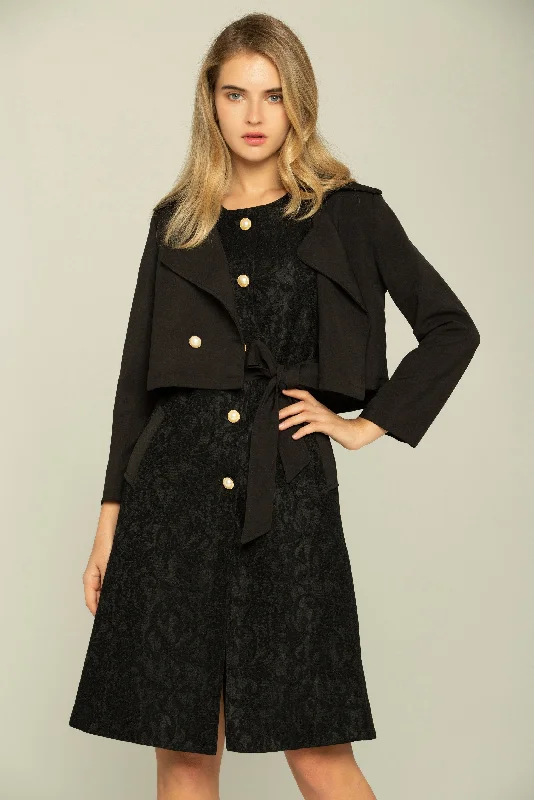 Black Full Sleeves Asymmetrical Cropped Blazer with Little Black Dress Set