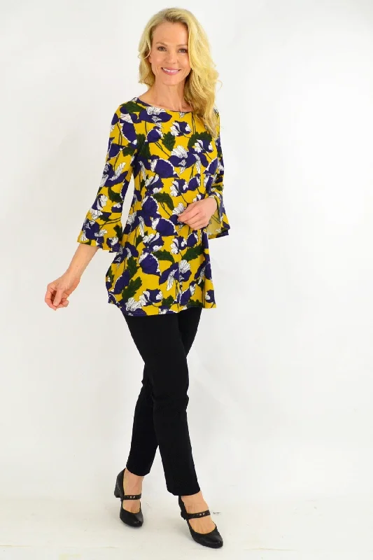 women's coats for rainy weatherMustard Floral Boat Neck Tunic Top