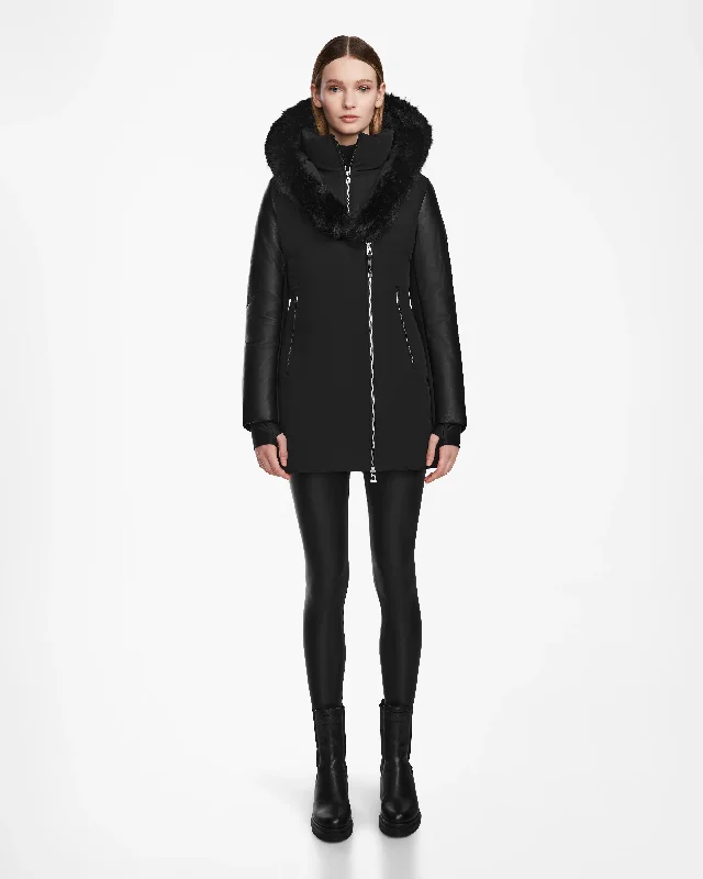 women's coats with sheer overlaysAURELLE WOMEN'S MID-LENGTH FITTED DOWN PARKA WITH VEGAN LEATHER SLEEVES