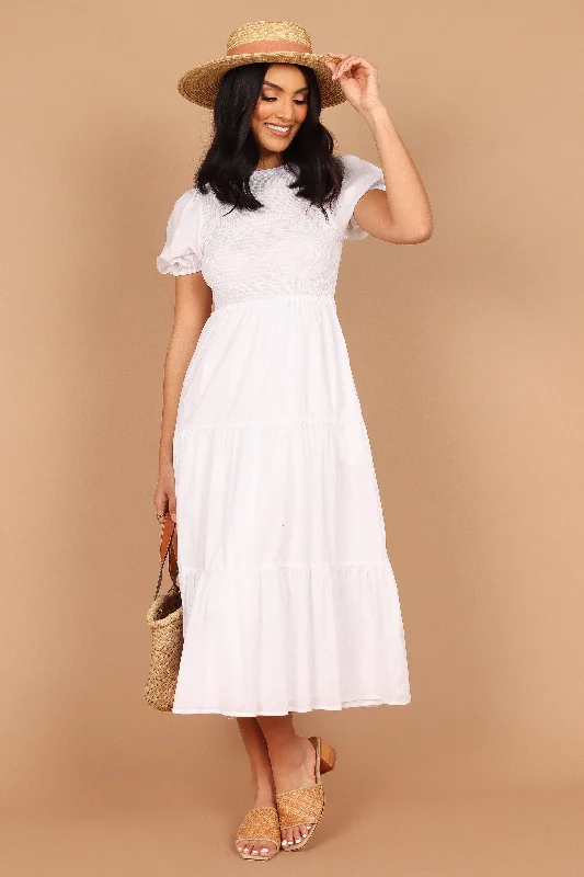 women's casual dressesNaura Shirred Tiered Midi Dress - White