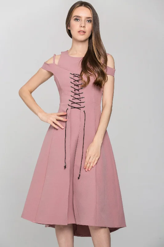 Pink Layered Cold Shoulder Corset Midi Dress