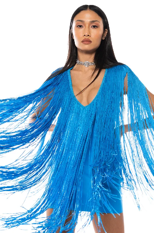 women's flutter-sleeved dressesSTEVIE DEEP V BANDAGE WITH FRINGE MINI DRESS