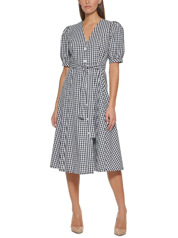 women's glam dressesWomens Gingham Elbow Sleeves Midi Dress