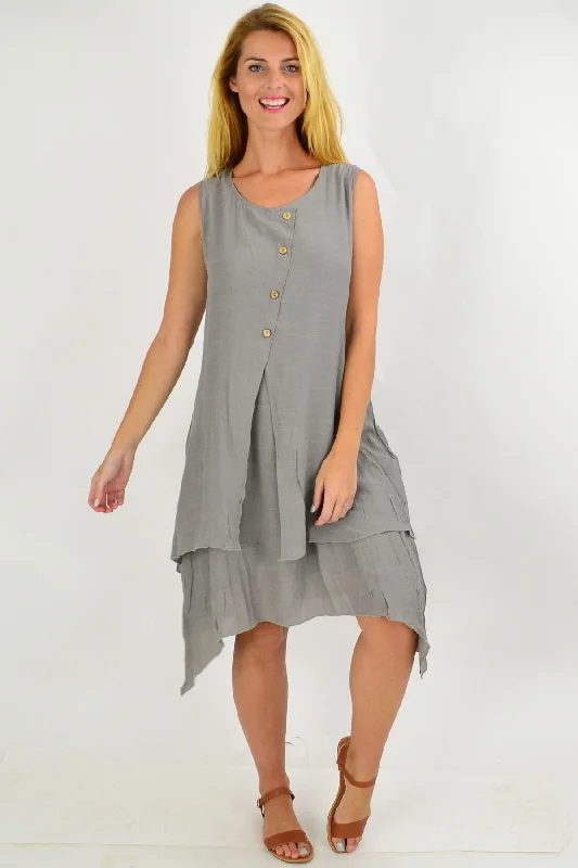 affordable women's coatsGrey Button Overlay Summer Tunic Dress