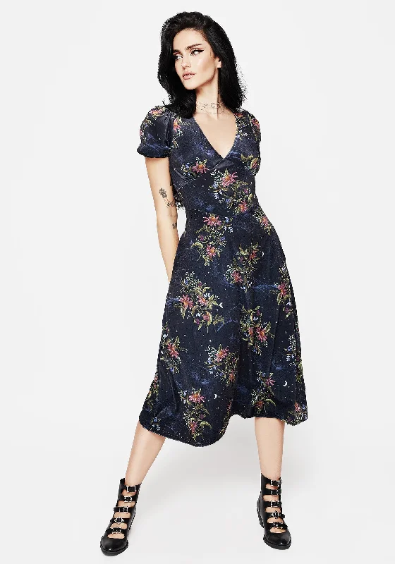 women's apple-shaped body dressesCleome Floral Spiderweb Velour Corset Midi Dress