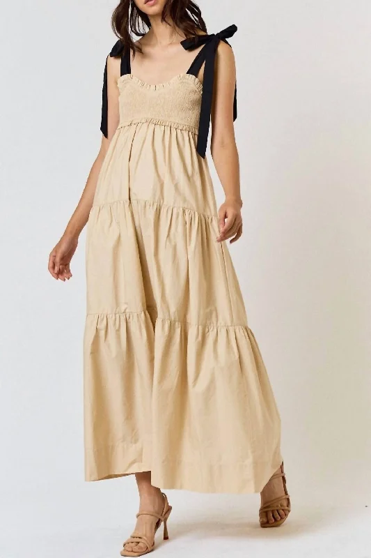 women's mother of the bride dressesSmocked Tie Maxi Dress In Taupe