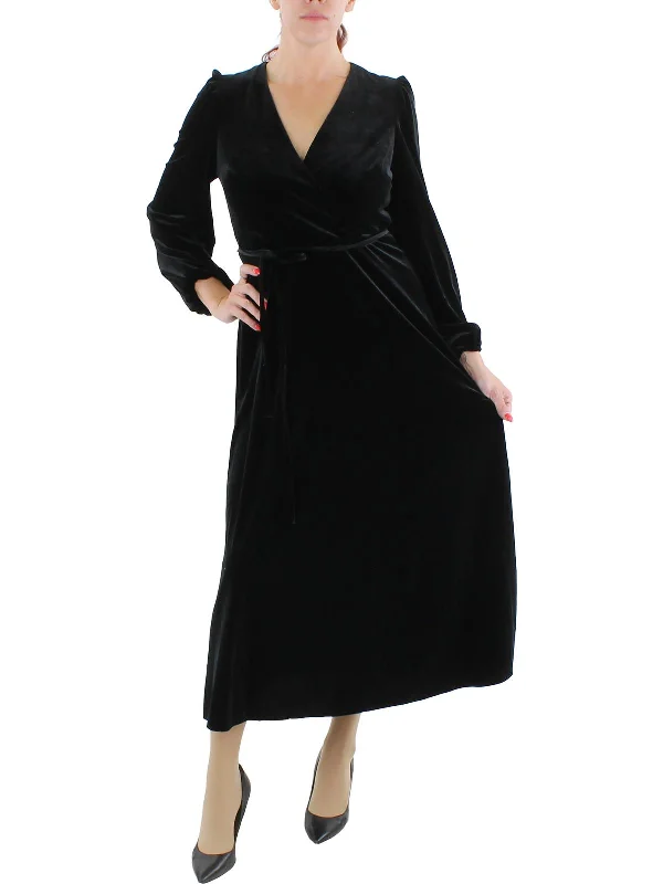 women's pastel dressesWomens Velvet Long Sleeves Midi Dress