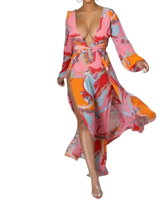 women's mini dressesLong Sleeve Plunge Maxi Dress In Orange Multi