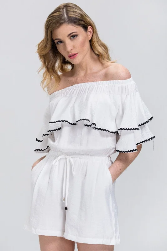 White Ruffled Off the Shoulder Drawstring Playsuit