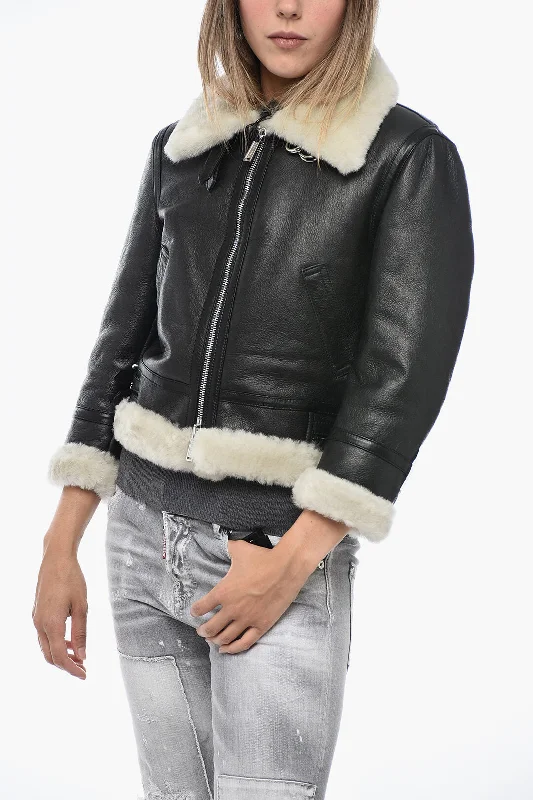 women's coats with pocketsDsquared2 Leather Jacket with Shearling Detailing