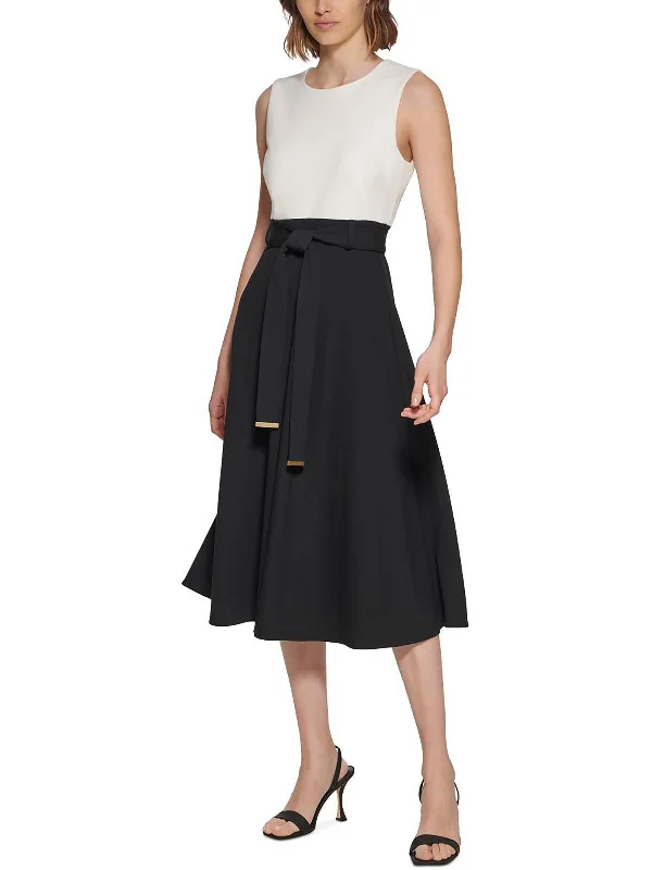 women's wrinkle-resistant dressesWomens Belted Midi Fit & Flare Dress