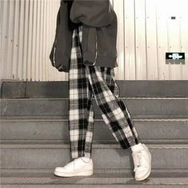 women's patched pantsFashionSierra - Loose Retro Contrast Checked Straight Pants