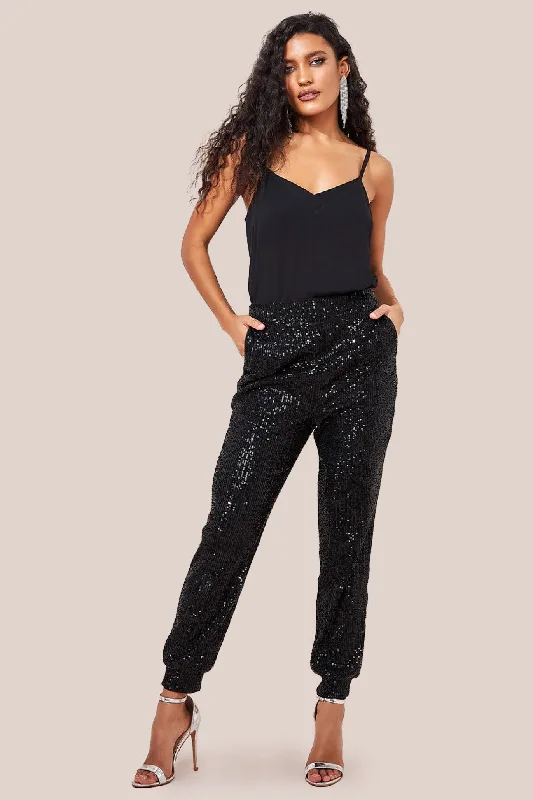 women's dress pantsGoddiva Sequin Cuffed Ankle Trouser - Black