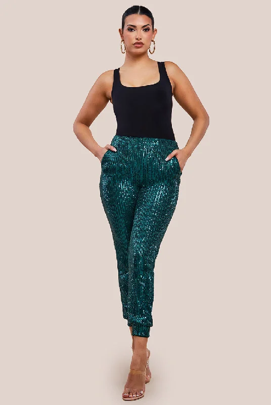 women's polyester pantsGoddiva Sequin Cuffed Ankle Trouser - Emerald