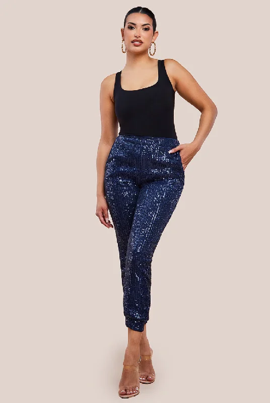 women's spandex pantsGoddiva Sequin Cuffed Ankle Trouser - Navy