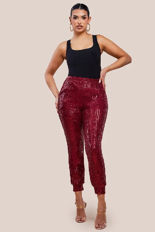 women's slim-fit pantsGoddiva Sequin Cuffed Ankle Trouser - Wine