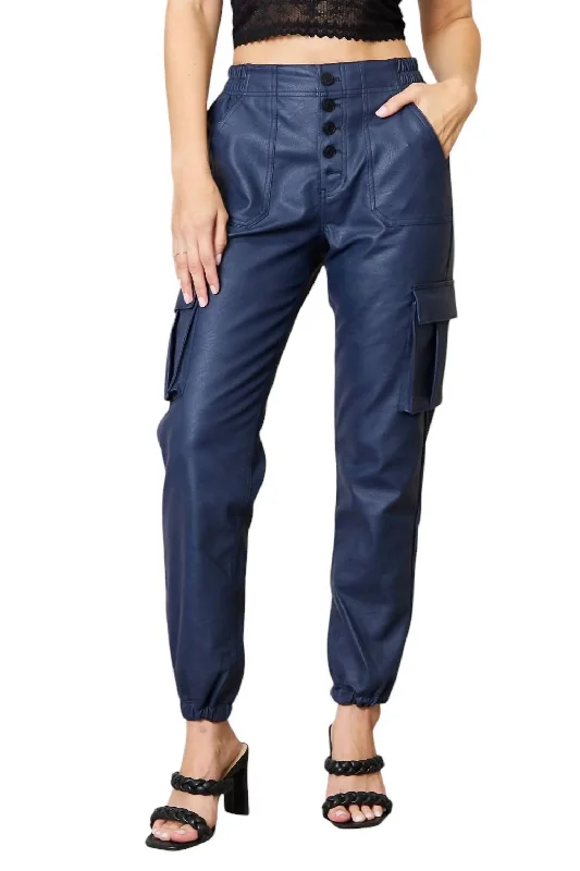 women's skiing pantsHigh Waist Faux Leather Cargo Joggers In Dark Blue