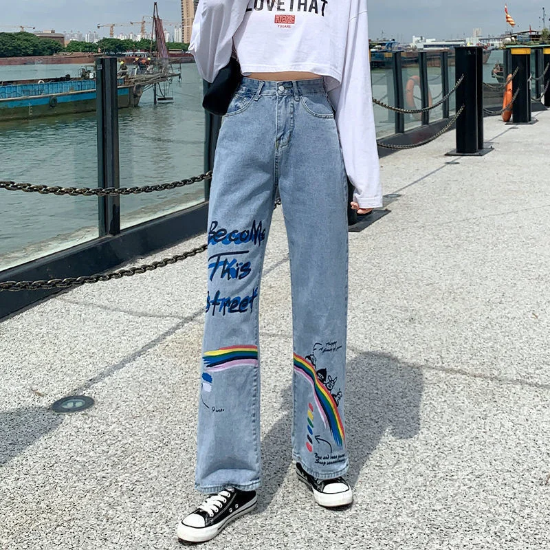 women's ankle-length pantsFashionSierra - High Waist Wide Leg Jeans Women New Rainbow Print Straight Pants Plus Size Loose Drape Mopping Trousers Female