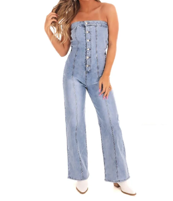 women's cycling pantsIn The Crowd Denim Jumpsuit