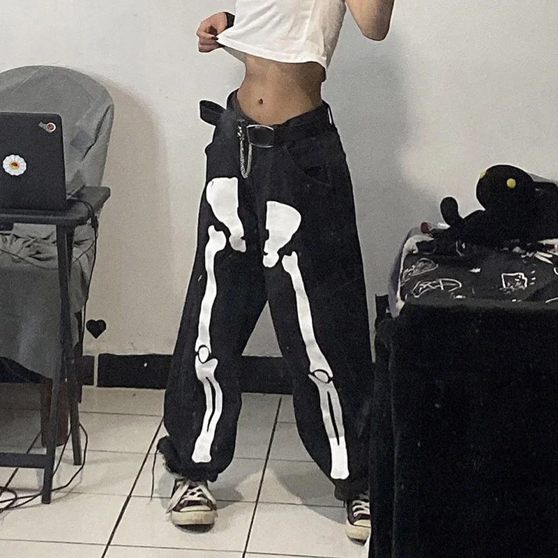 women's jogger pantsFashionSierra - Skull Printed Sweatpants Women Joggers Pants Teen Hip Hop Wide Leg Jeans Pant Streetwear Plus Size Gothic Straight Trousers