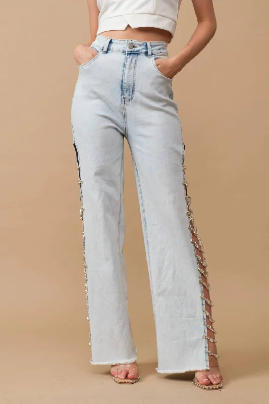 women's warm pantsStretch Denim Jeans With Side Jewel Trim In Light Wash