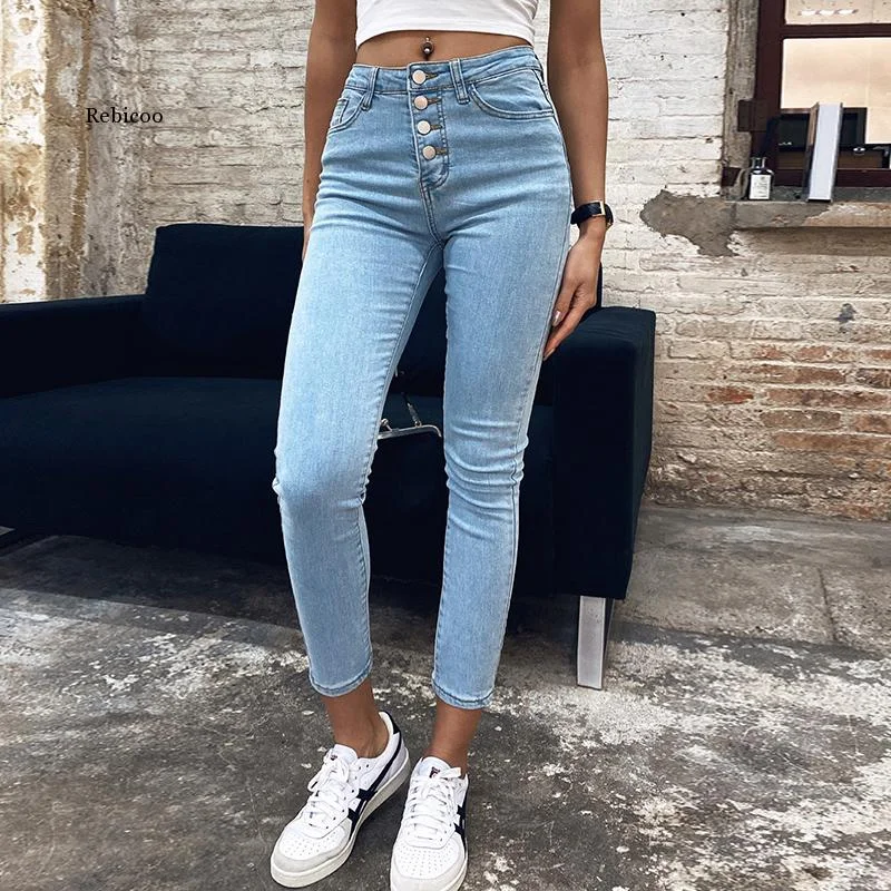 women's cool pantsFashionSierra - Stretch High Waist Jeans Women New Skinny Slim Fashion Washed Denim Pencil Pants Plastic Waist Lifting Ninth Pants