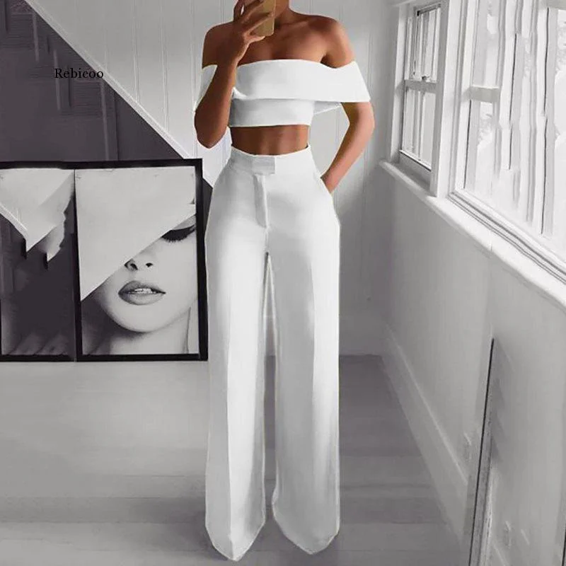 women's button-fly pantsFashionSierra - Summer Style 2Pcs Off Shoulder Crop Top Straight Pants Set for Women Sexy Outfit Yellow White Pink Black Two Piece Set Suit