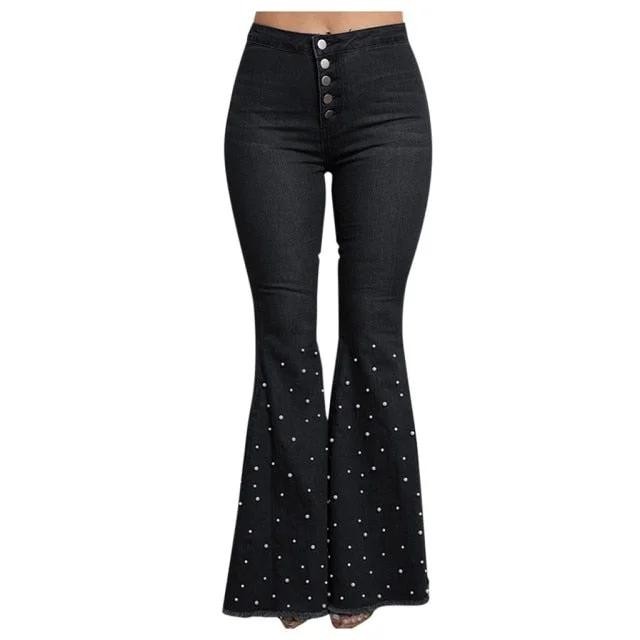 women's tactical pantsFashionSierra - Women High Waist Flare Jeans Button Tassel Pants