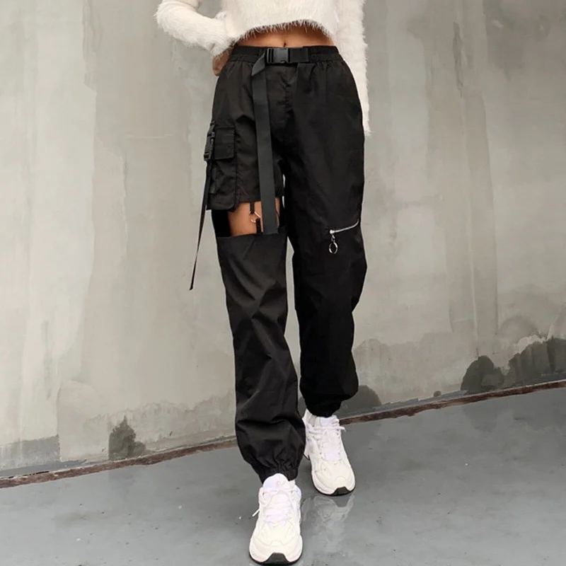 women's straight-leg pantsWomen Pants High Waist Long Sweatpants Fashion Female Jogger Hollow Punk Workwear Belt Buckle Zipper Casual Pants Streetwear